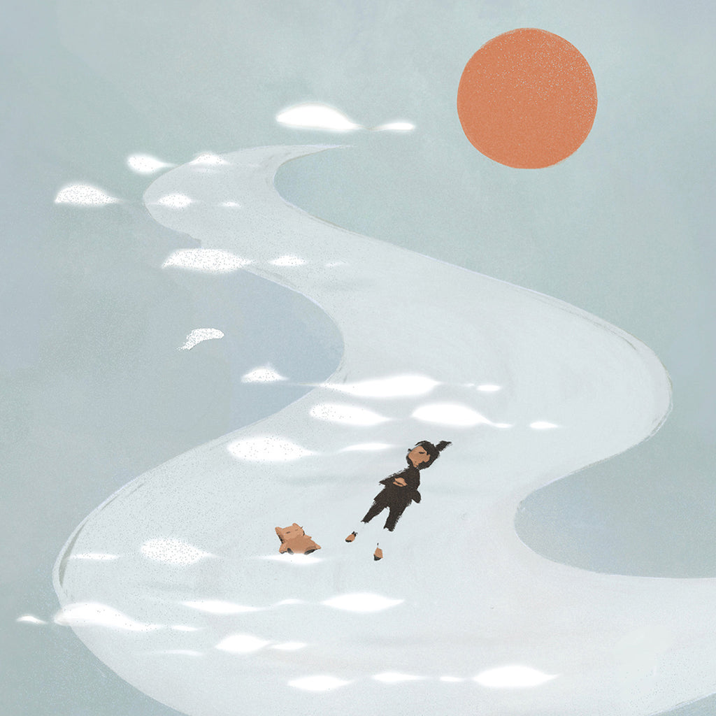 Person floating in a river with a dog, under a large orange sun and blue sky.