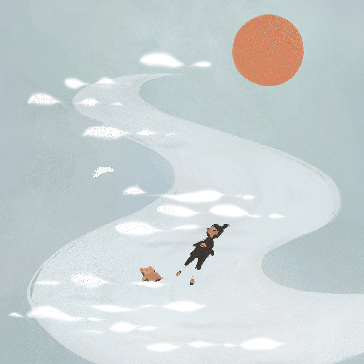 Person floating in a river with a dog, under a large orange sun and blue sky.