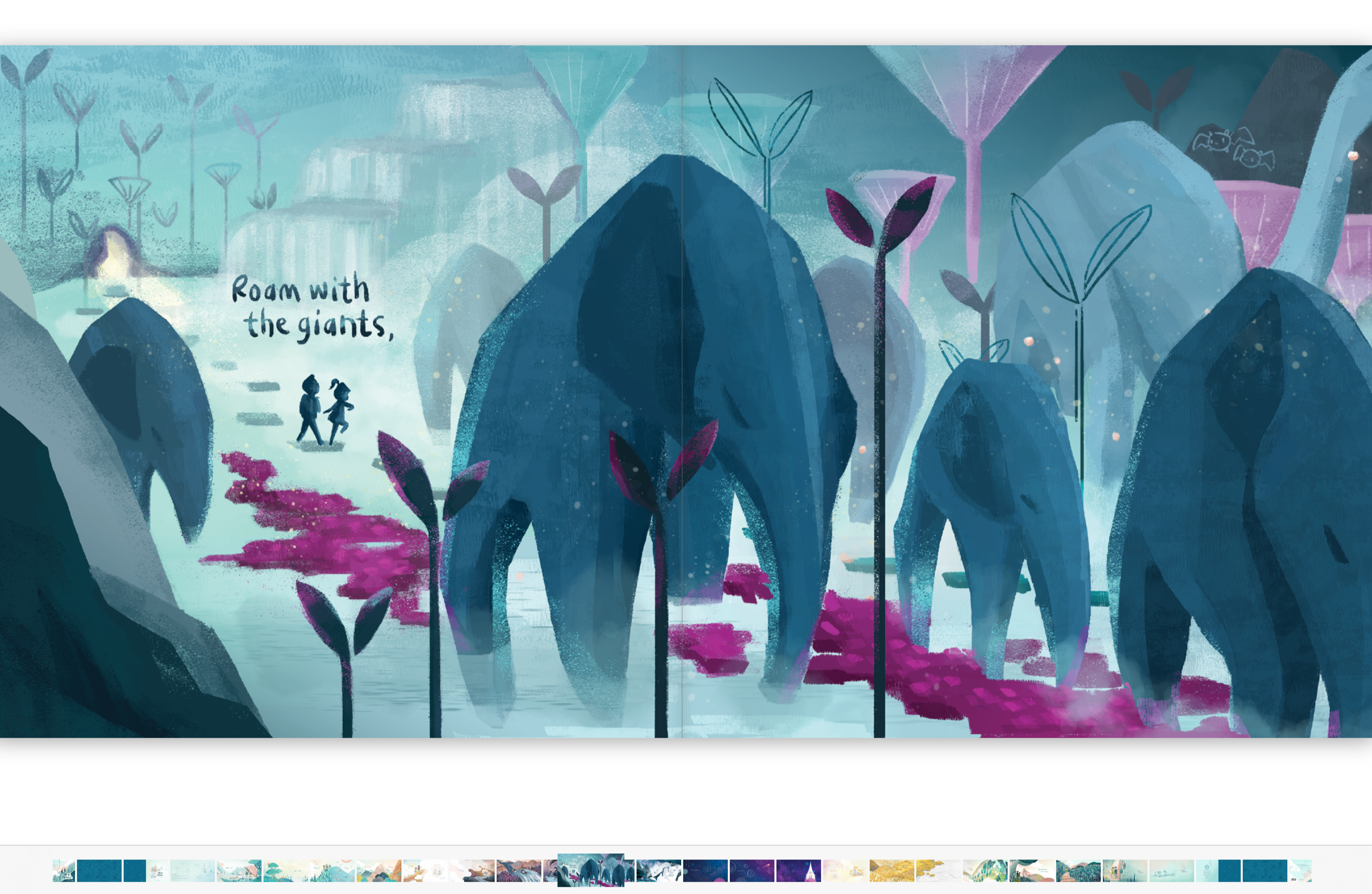Illustration of blue elephants from Let's Go Explore' ebook - mindful story about exploring nature - Mimochai 