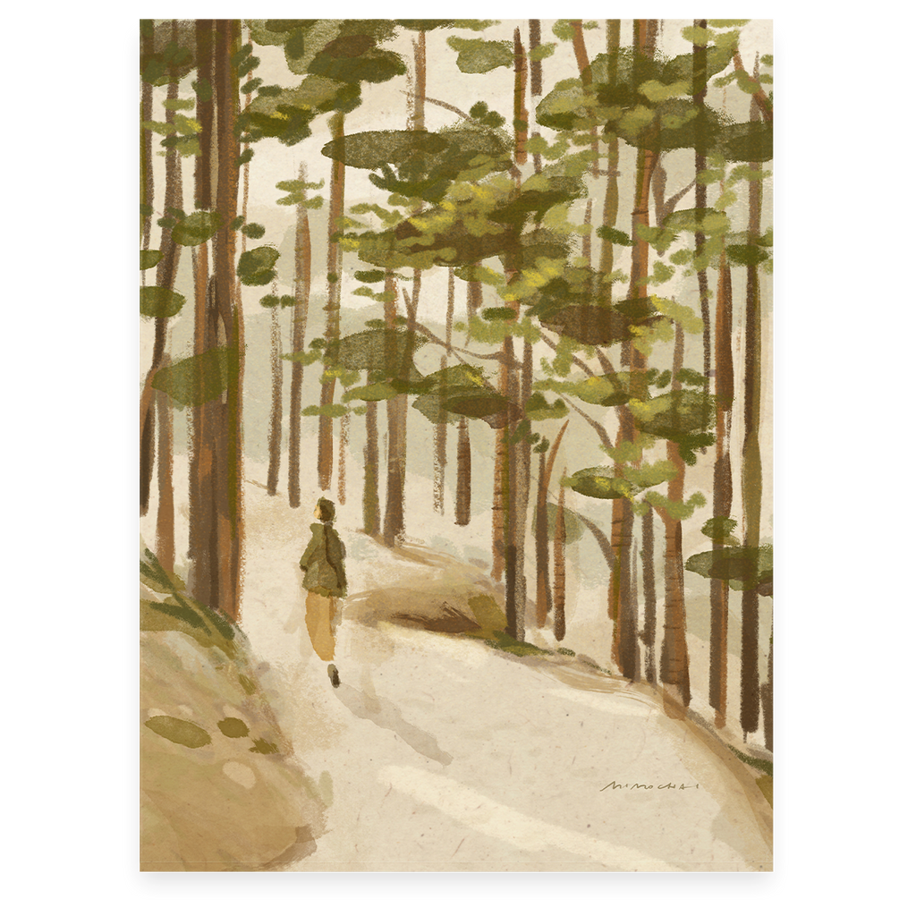 A watercolor-style illustration of a woman walking on a hiking trail through the forest - indie artist art prints Los Angeles - Mimochai 