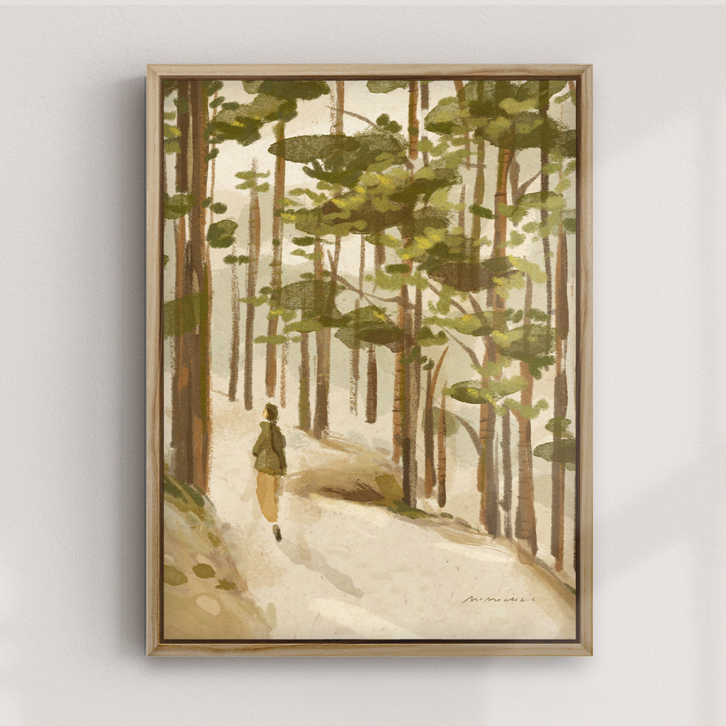 A framed canvas art print depicting a hiker in a forest - landscape art print Los Angeles - Mimochai