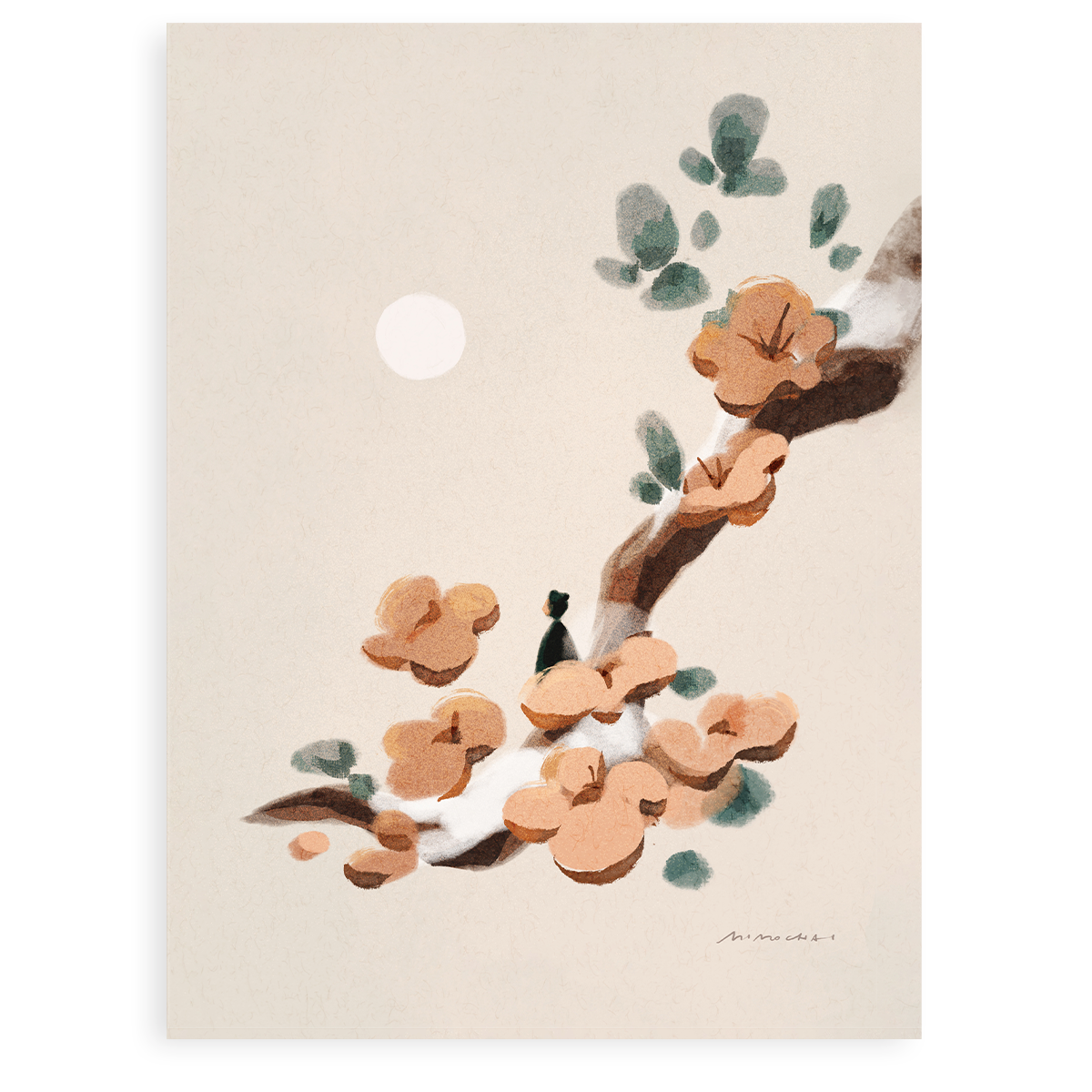 A minimalist floral illustration of pink spring blossoms with a figure gazing at the moon - botanical art print Los Angeles - Mimochai