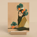 Illustration of a woman with flowers in her hair on a beige background