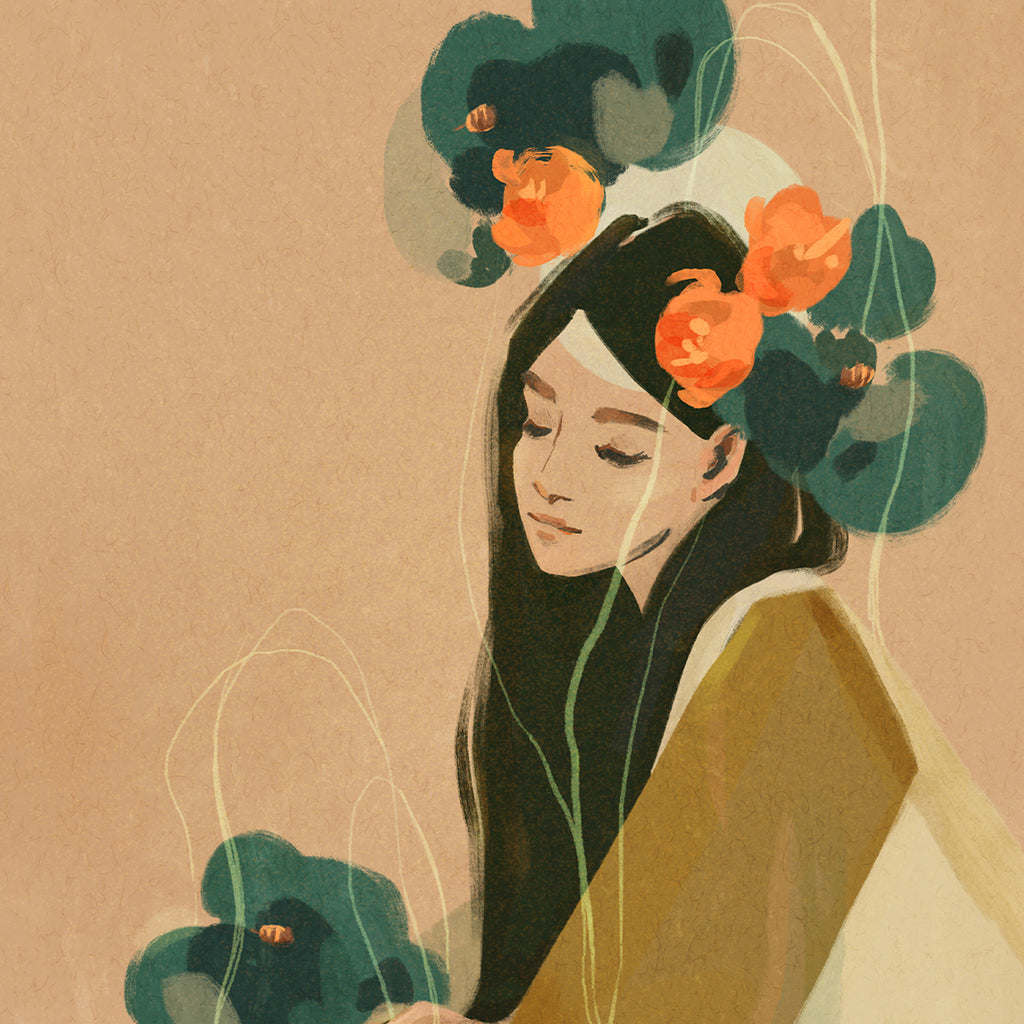 Illustration of a woman with flowers in her hair on a beige background