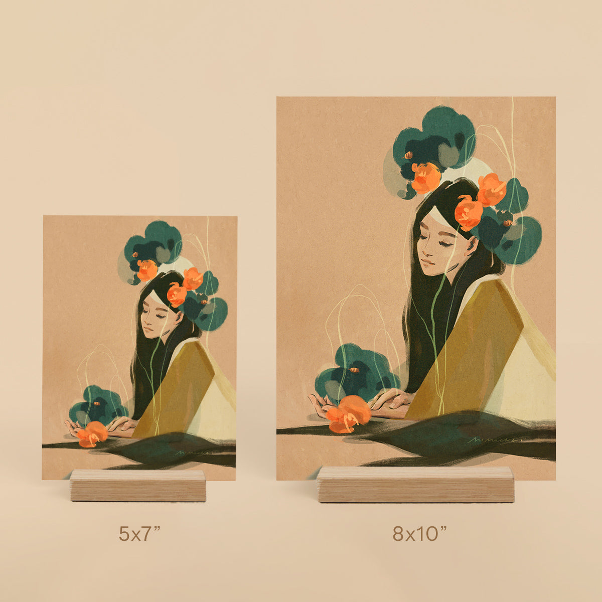 Two illustrations of a woman with floral headpiece on beige background, with size labels '5x7' and '8x10'.