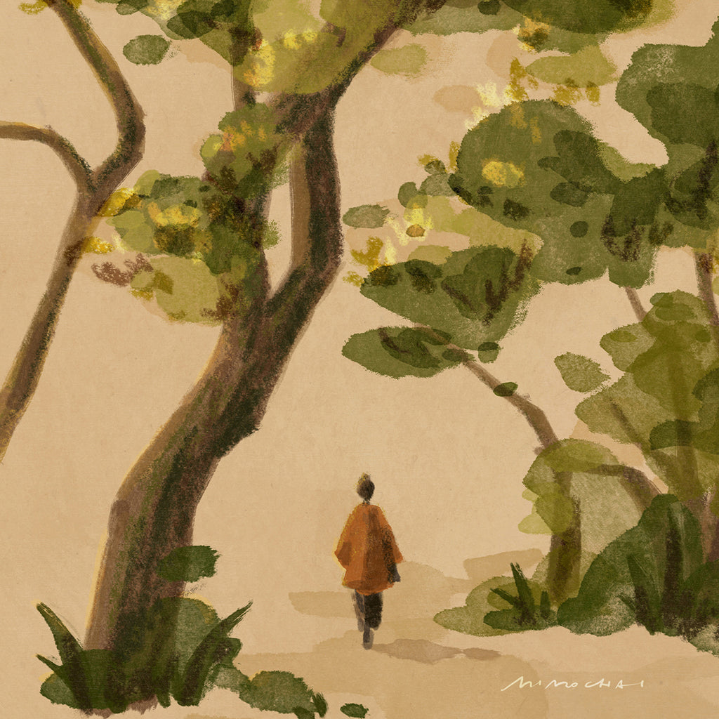 Artistic depiction of a person walking through a forest with trees and foliage.
