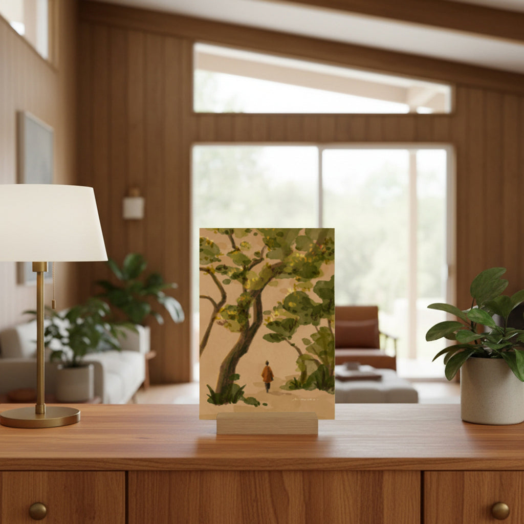Mini print on a wooden cabinet with a blurred living room background