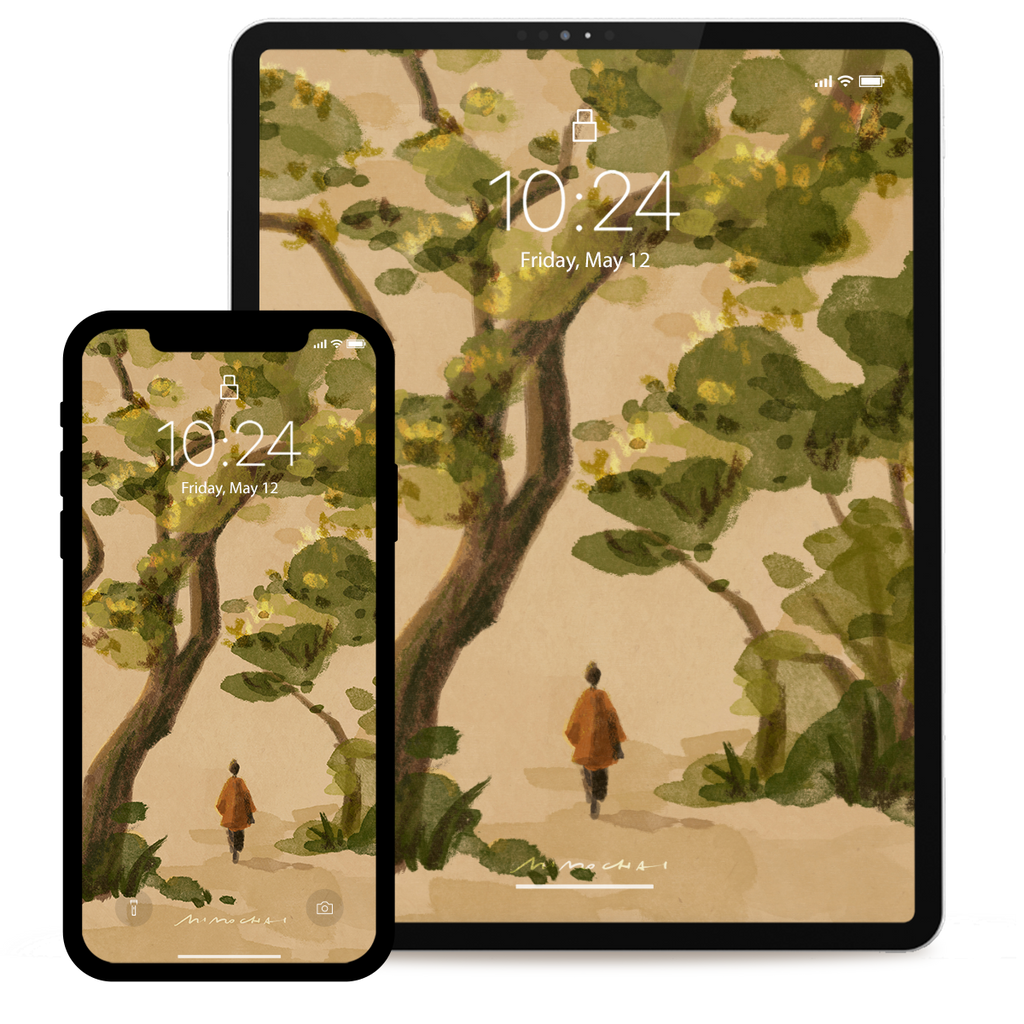 Two devices displaying a nature-themed lock screen with trees and a person walking.