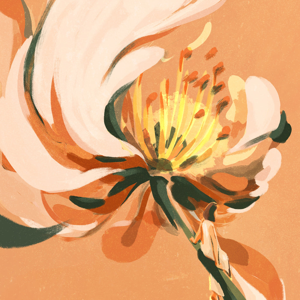 Artistic illustration of a flower with a warm color palette on an orange background
