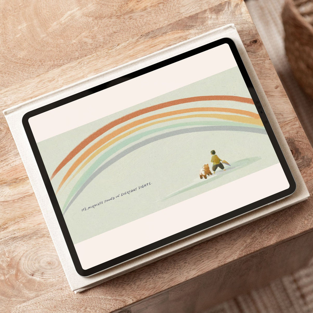 Treasure Everywhere Book illustration with a boy and dog standing under a rainbow  - uplifting picture book about nature - Mimochai