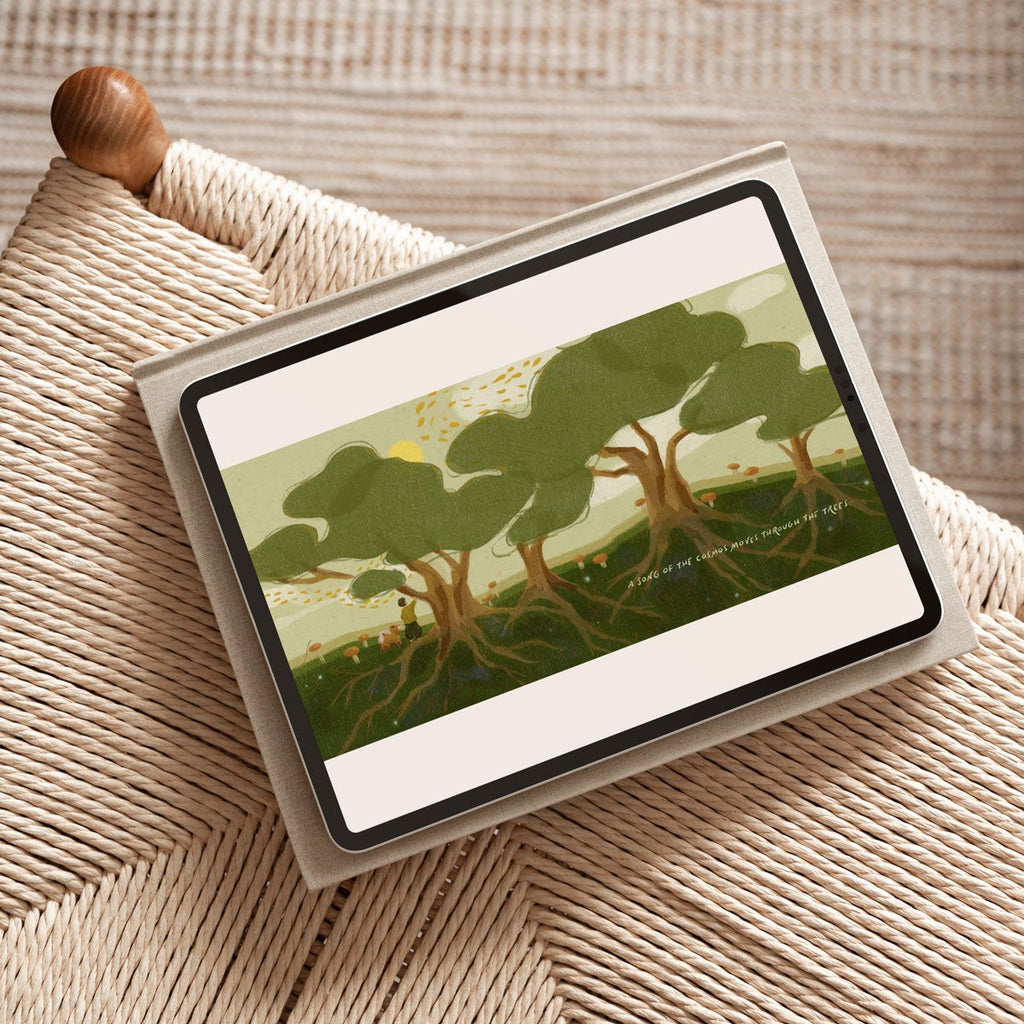 Treasure Everywhere ebook interior spread with tree illustration - aesthetic picture book about nature - Mimochai