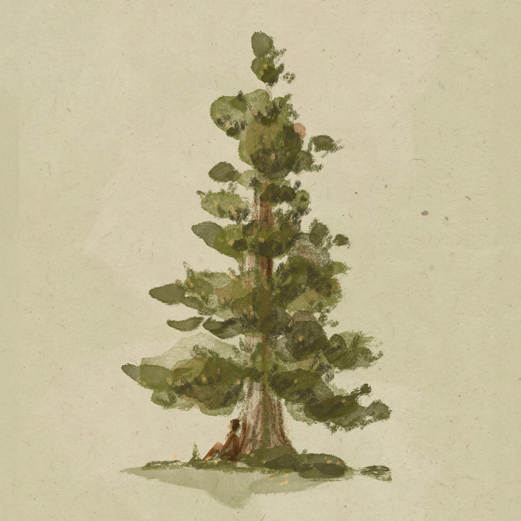 Watercolor illustration of a tree on a textured beige background