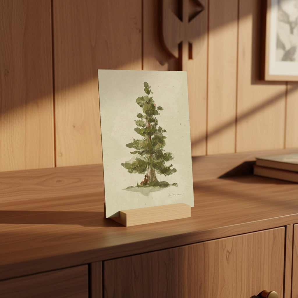 Art print of a tree on a wooden stand against a wooden wall.