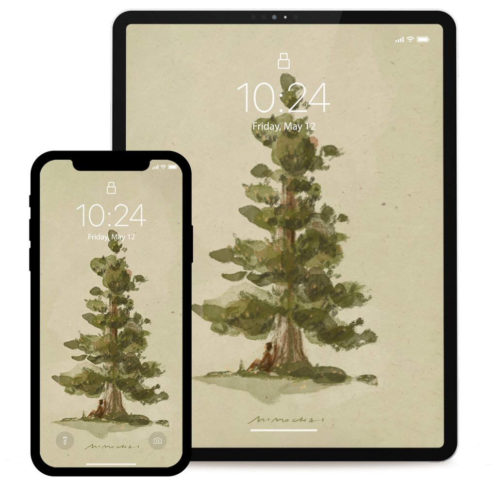 Two devices displaying a nature-themed wallpaper with a pine tree and person.