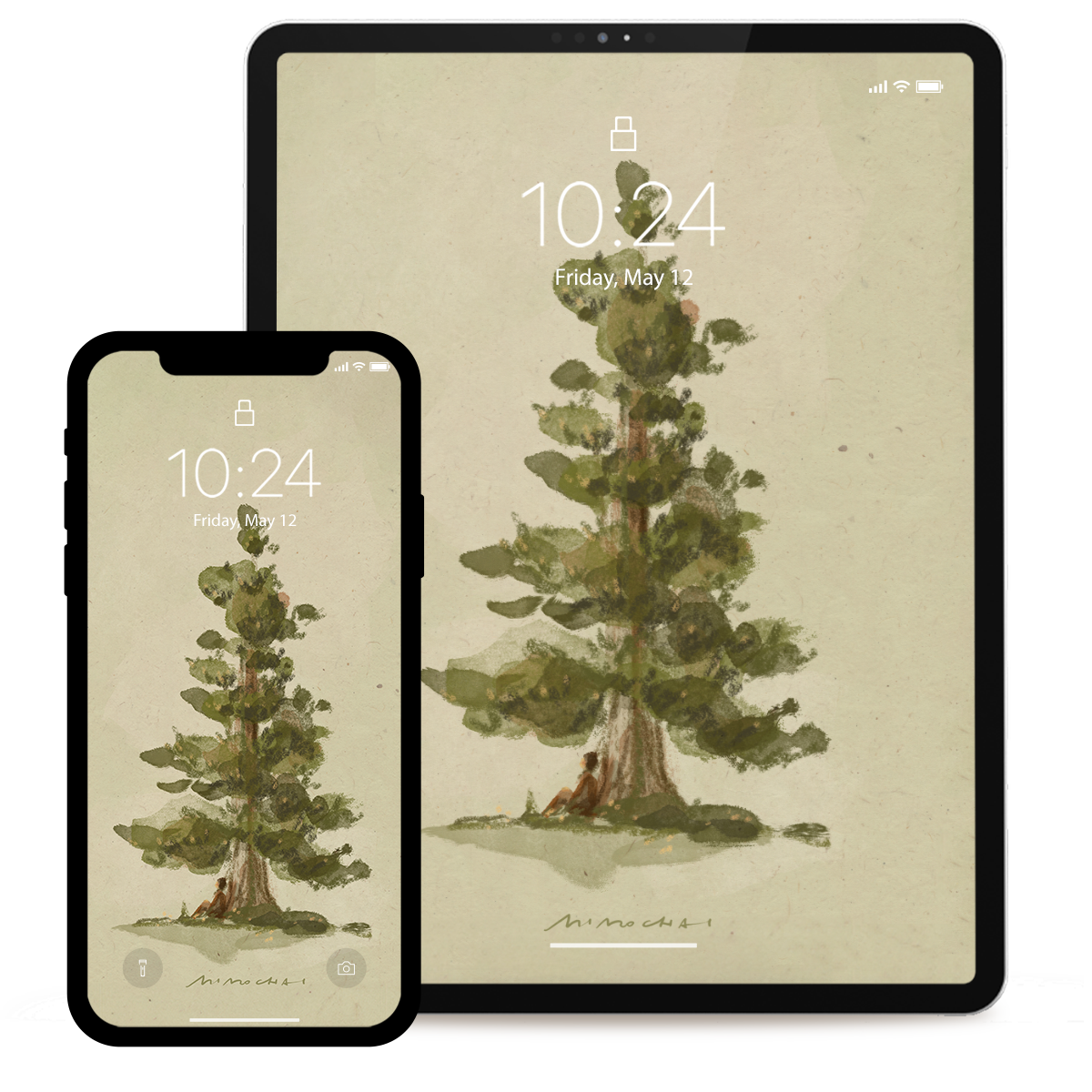 Two devices displaying a nature-themed wallpaper with a pine tree and person.