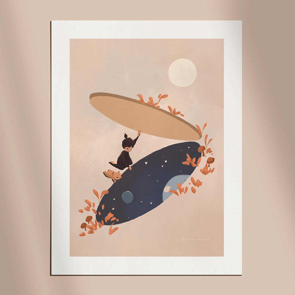 Art print of a girl opening a portal to outer space - meditative art prints - Mimochai