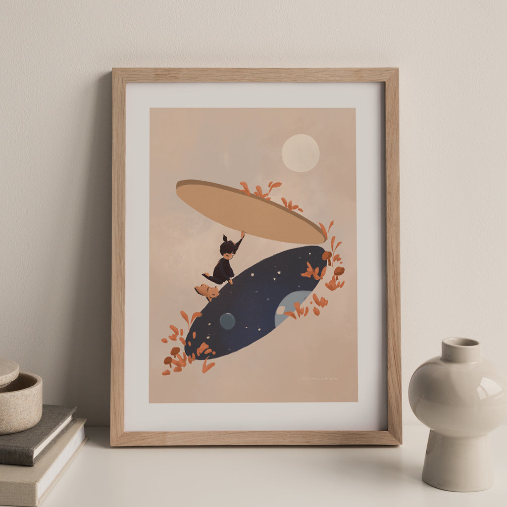 Framed art print of a girl looking through a portal to another universe - zen art prints for home - Mimochai 