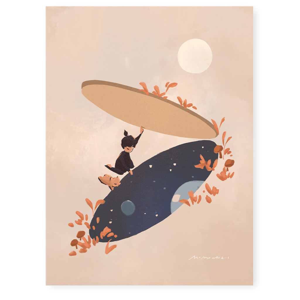 Storybook illustration of a girl and her pet peeking through a portal to another universe - illustrated picture books for adults - Mimochai 