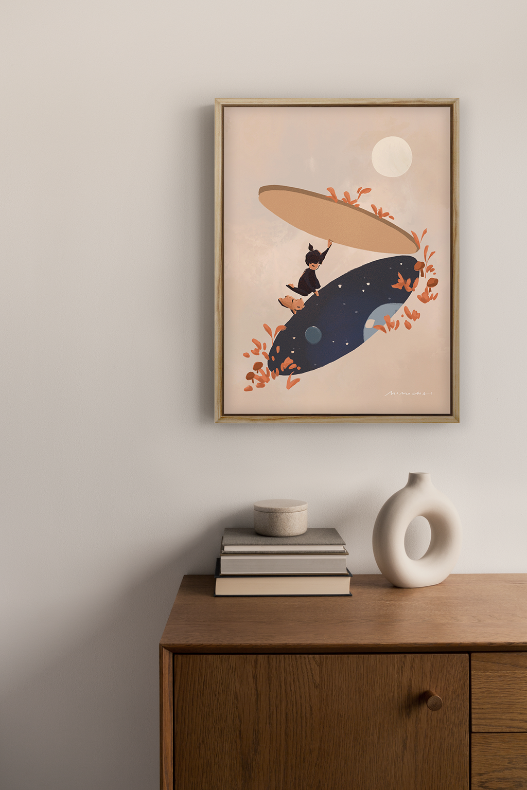 Canvas wall art of a girl and her pet looking through a round portal into space - mindful art for home - Mimochai