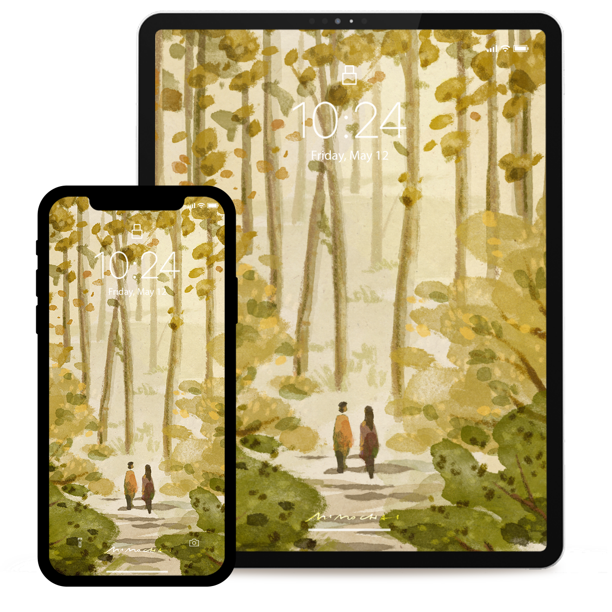 Two devices displaying a scenic forest wallpaper with people walking.