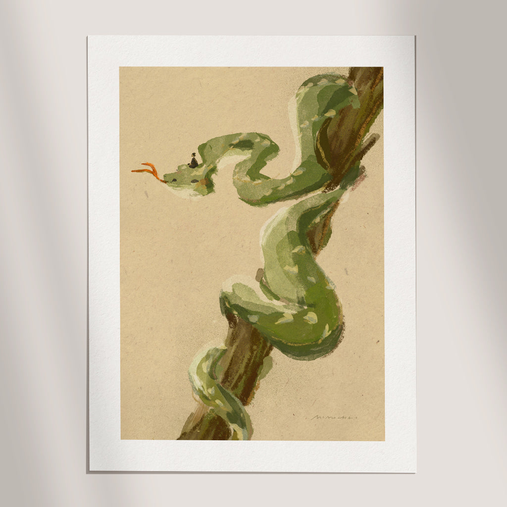 Art print of a green snake from the Chinese zodiac on a beige background