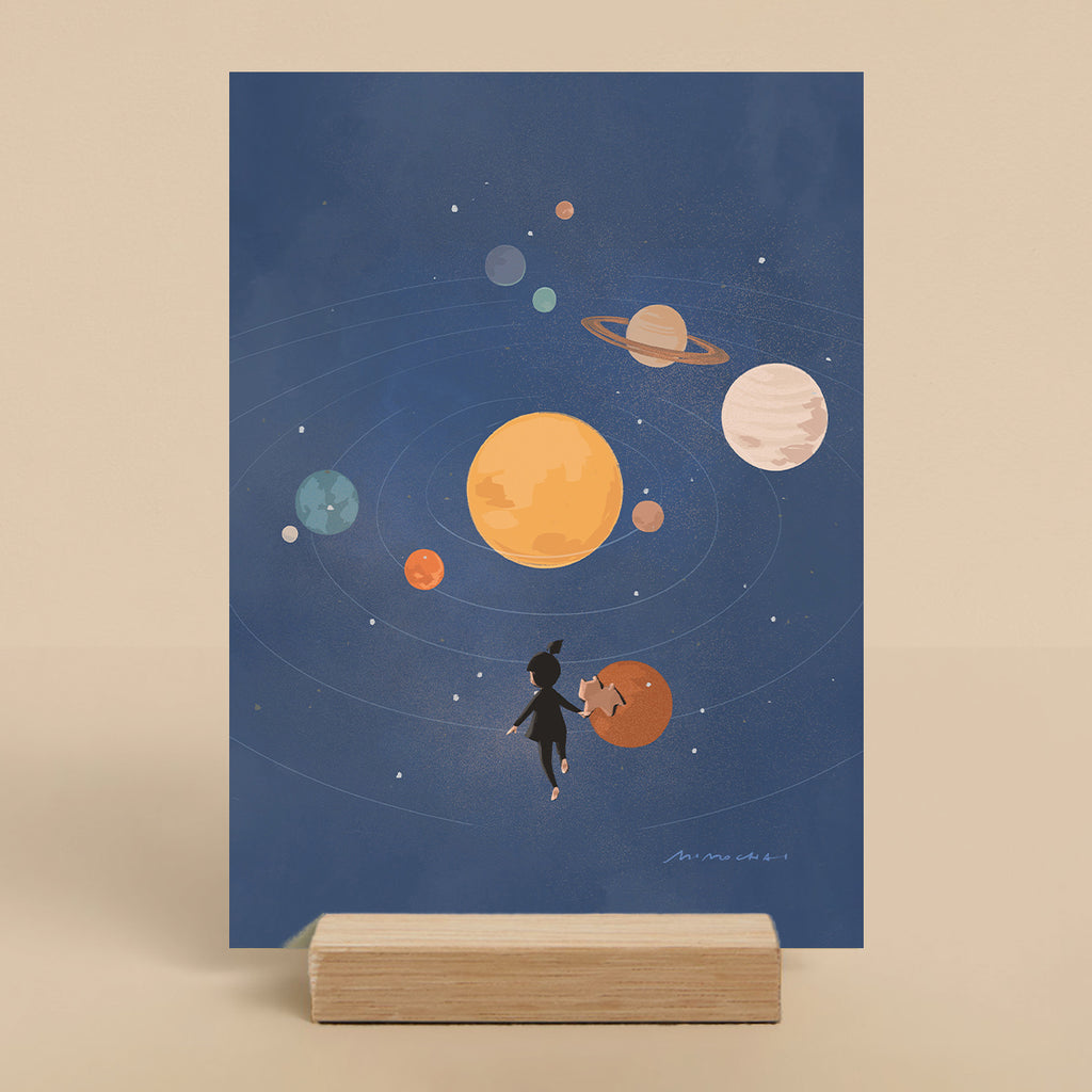 Illustration of a child and dog in front of a solar system in outer space on a blue background.