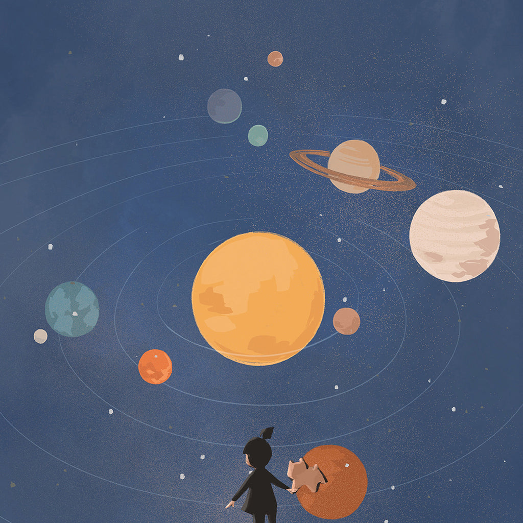 Illustration of a girl and her dog looking at the solar system. 