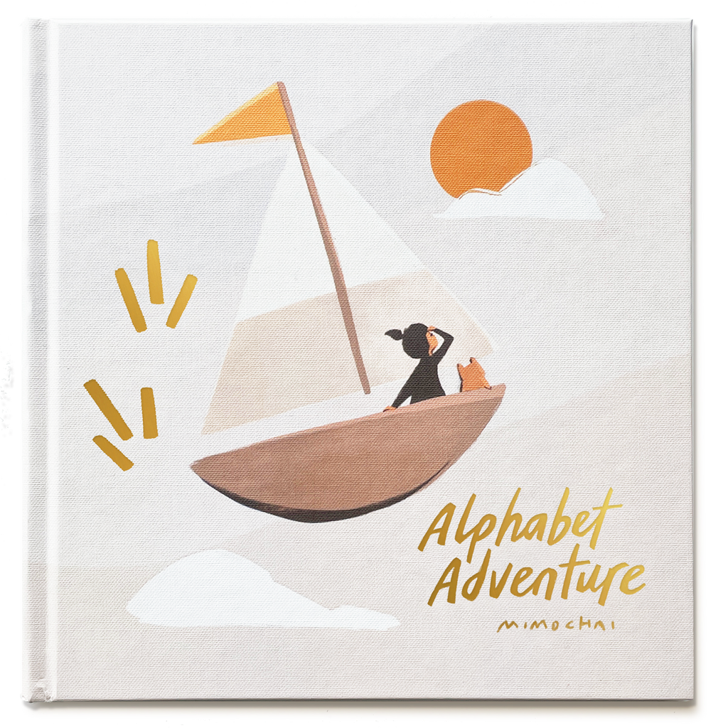 A cover image of the 'Alphabet Adventure' picture book with a girl in a sailboat - Unique Alphabet Book for kids - Mimochai
