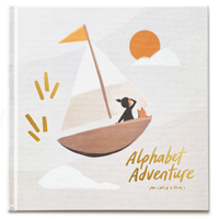 A cover image of the 'Alphabet Adventure' picture book with a girl in a sailboat - Unique Alphabet Book for kids - Mimochai