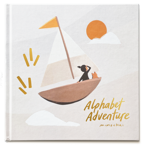 A cover image of the 'Alphabet Adventure' picture book with a girl in a sailboat - Unique Alphabet Book for kids - Mimochai