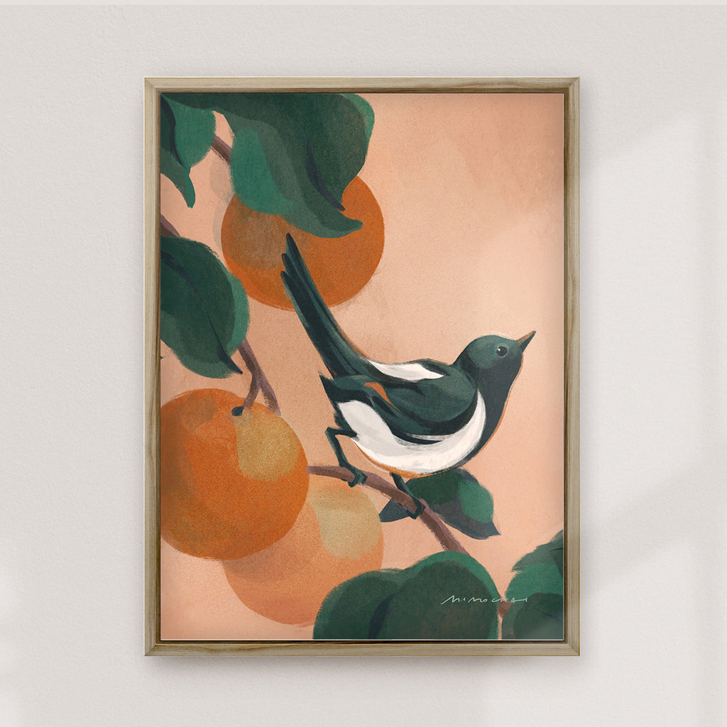 A framed canvas art print featuring a bird perched on a branch with orange fruits, set against a pink background - mindful art for home - Mimochai