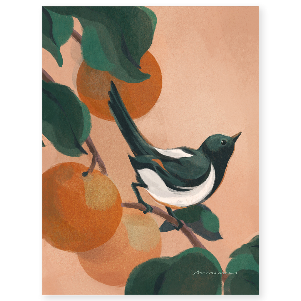 A watercolor style painting of a magpie sitting in an orange tree - contemplative art prints - Mimochai