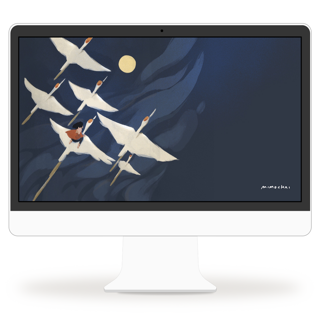 The Flight | Wallpaper Set by Mimochai features a girl riding a white bird beneath a full moon, soaring with a flock in a deep blue sky—ideal for mobile and desktop wallpapers.