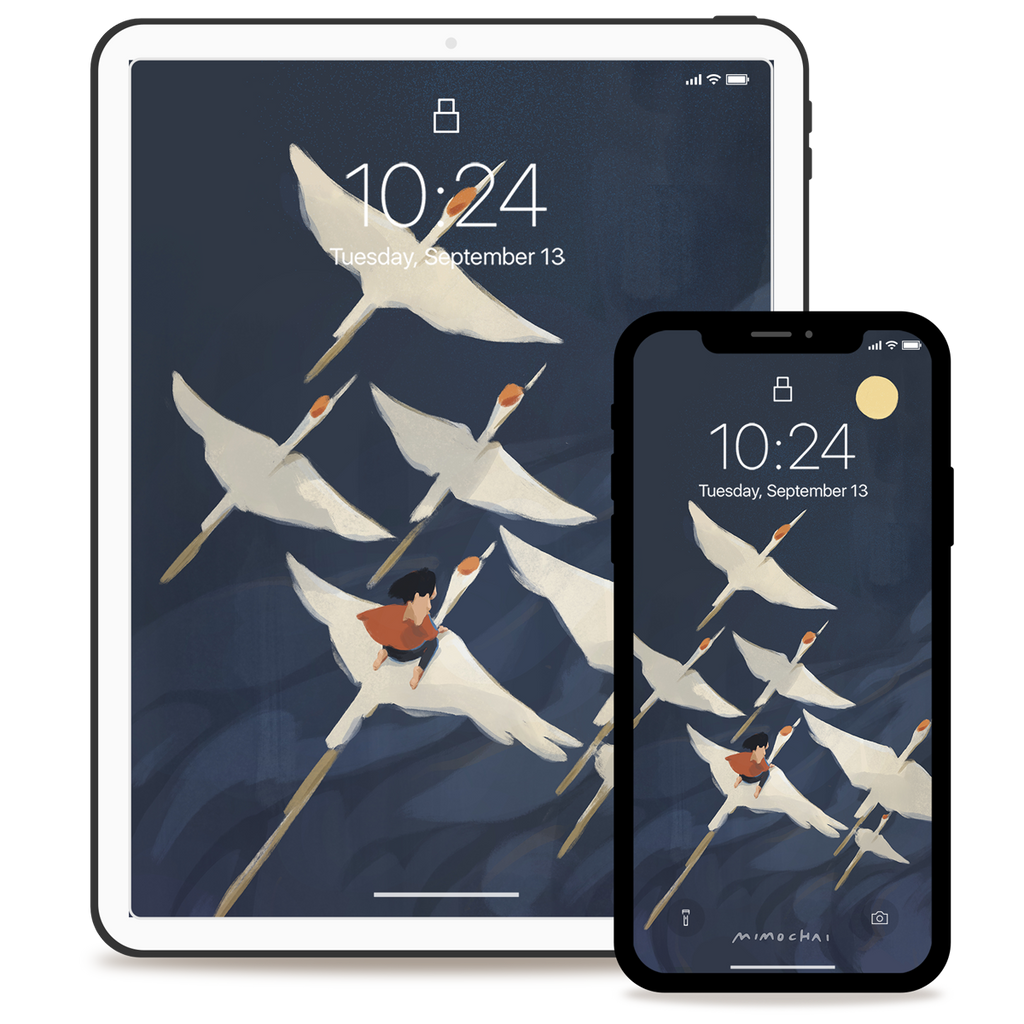 An illustration of The Flight | Wallpaper Set by Mimochai, showing a person riding a flying goose among a flock on tablets and phones—ideal for desktop or mobile wallpapers.