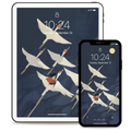 An illustration of The Flight | Wallpaper Set by Mimochai, showing a person riding a flying goose among a flock on tablets and phones—ideal for desktop or mobile wallpapers.