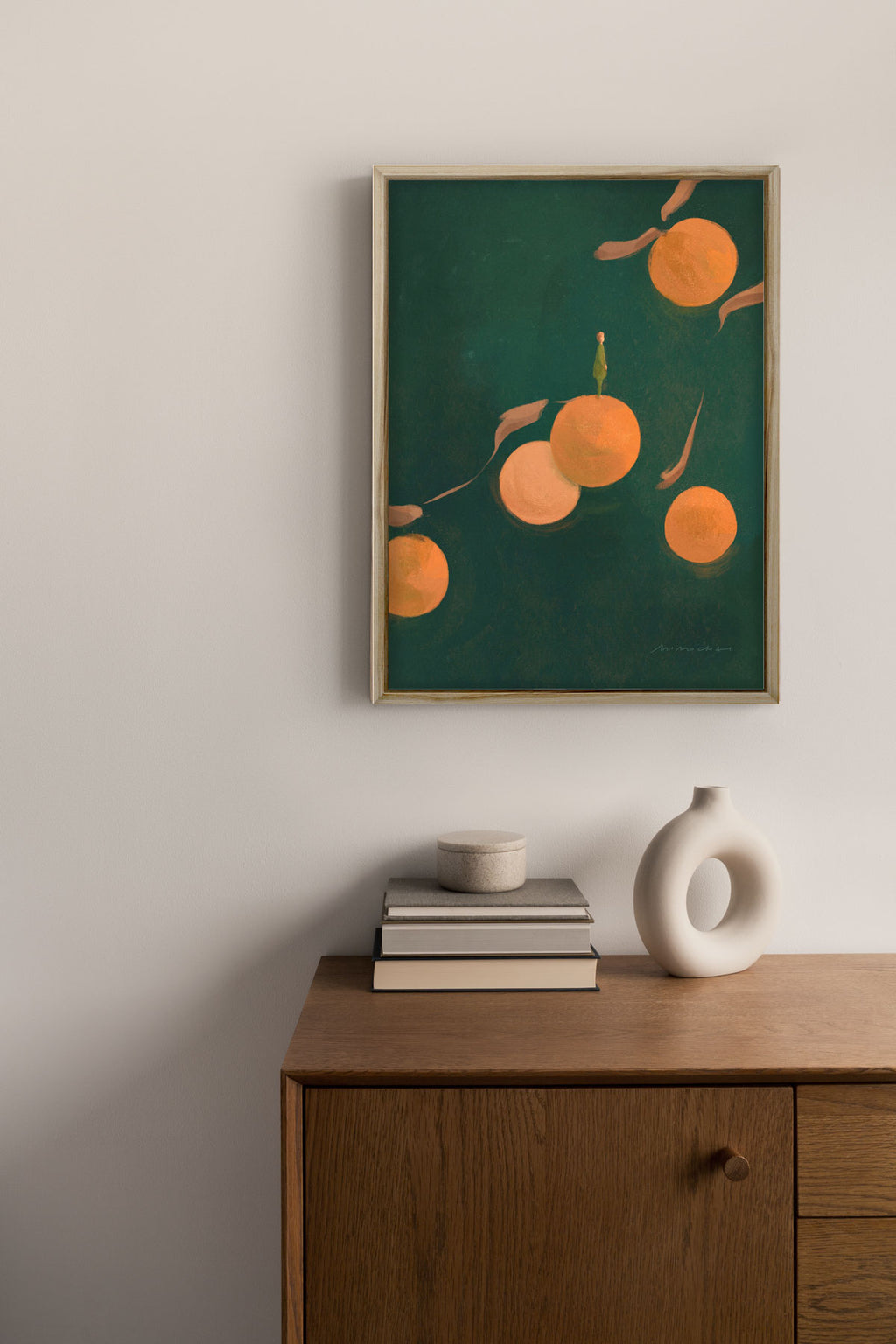 Framed wall art featuring a watercolor illustration of oranges - mindful art for home - Mimochai