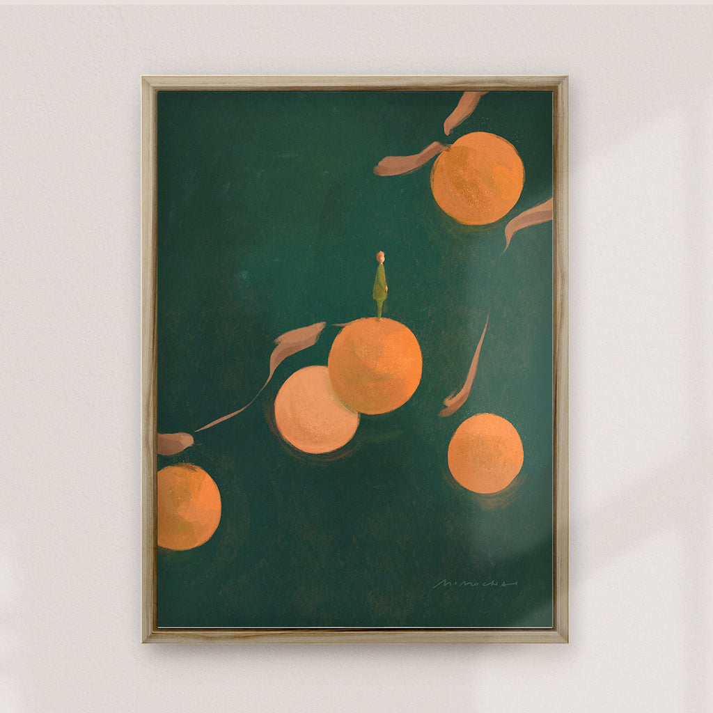 A framed canvas art print of oranges on a textured dark green background - peaceful wall art for home - Mimochai