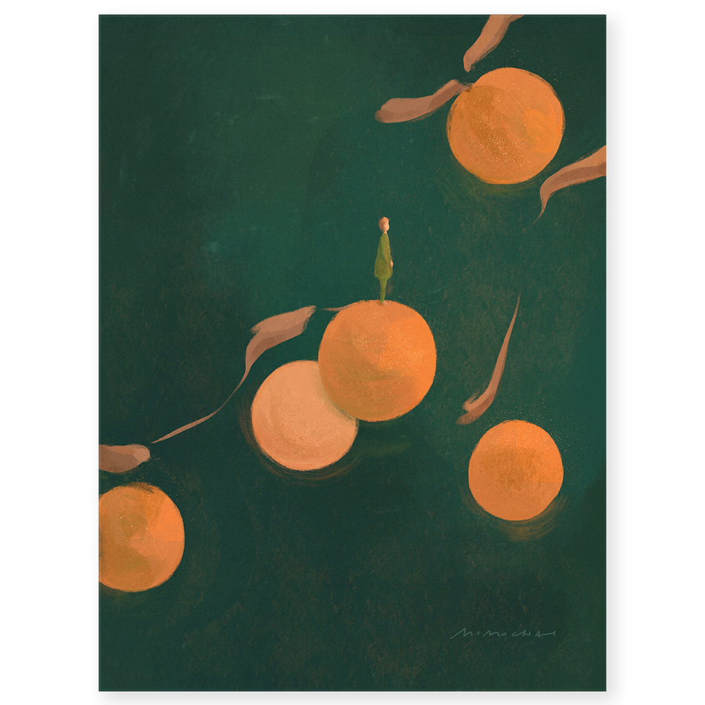 An art print featuring a small figure against a green background with oranges - Whimsical nature illustration art print - Mimochai