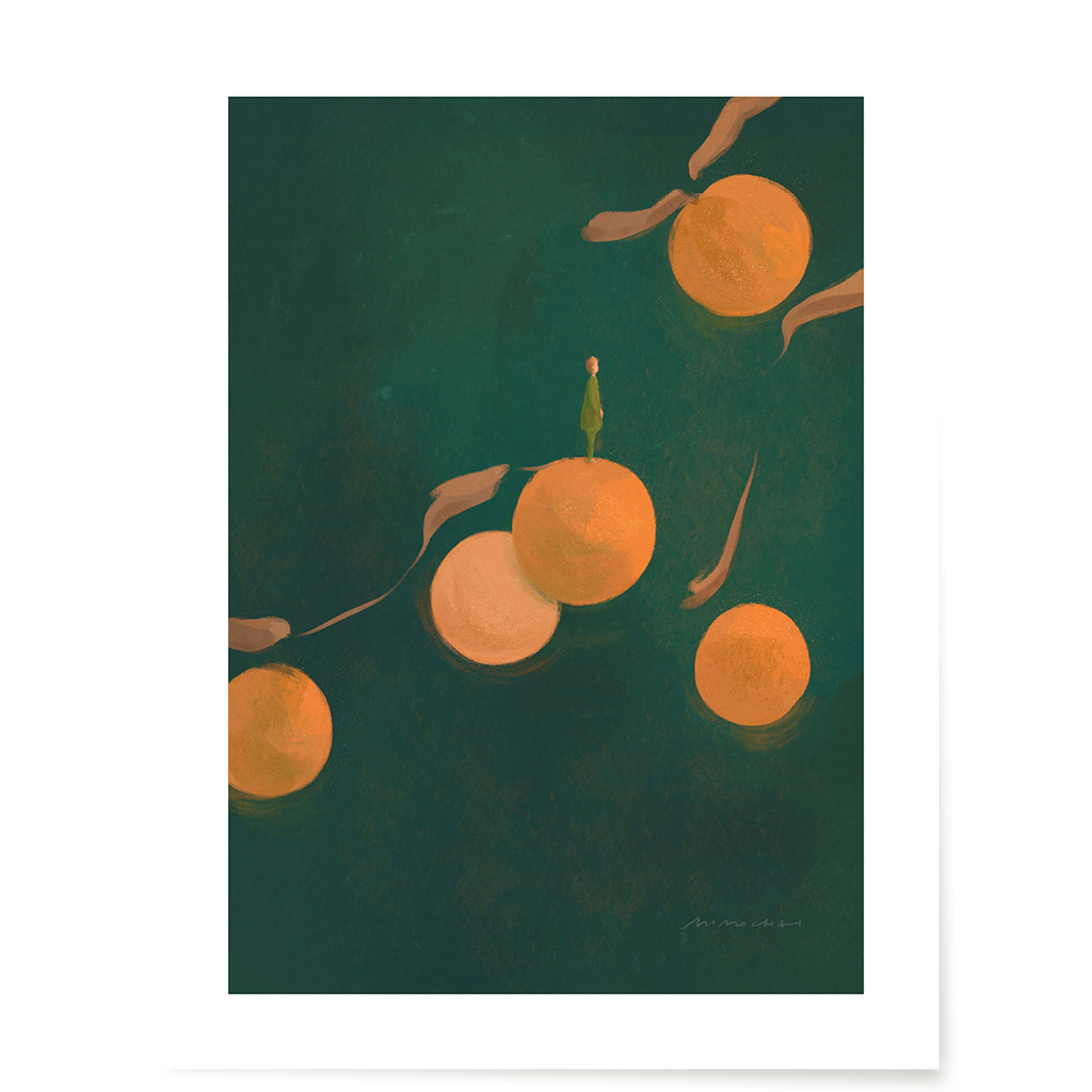 An art print featuring a green background with orange circles, leaf-like shapes, and a small figure - indie artist art prints Los Angeles - Mimochai
