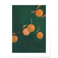 An art print featuring a green background with orange circles, leaf-like shapes, and a small figure - indie artist art prints Los Angeles - Mimochai